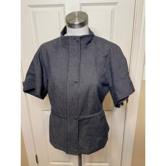 BCBG Max Azria Blue Denim Short Sleeve Zip-Up Jacket, Size Small - Picture 1 of 5